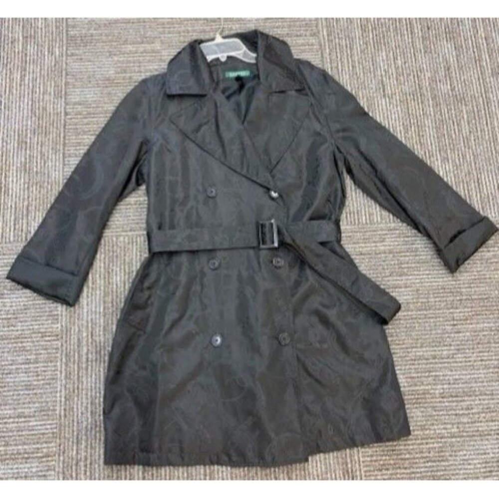 Lauren Ralph Lauren Womens Black Monogram Double Breasted‎ Belted Trench Coat